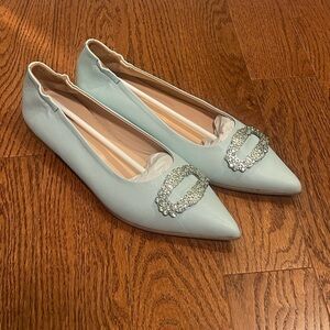 MA&LO Blue Leather Pointy Toe Jeweled Flats Loafers 39 EU 8 US Made In Italy